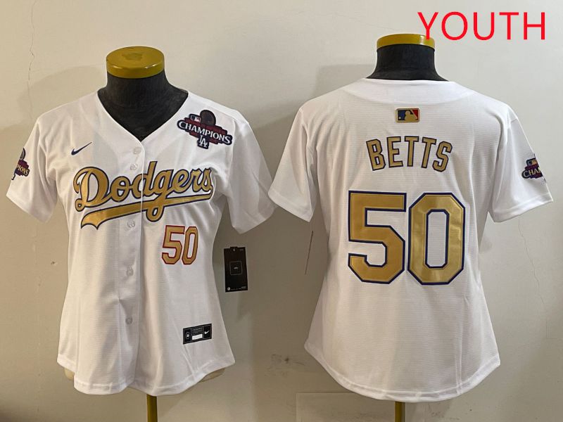 Youth Los Angeles Dodgers 50 Betts White Champion gold character 2025 Nike MLB Jersey style 4091